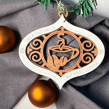 Load image into Gallery viewer, Coffee lovers wooden handcrafted holiday ornament, deck the halls
