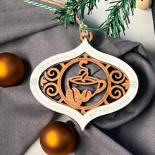 Load image into Gallery viewer, Coffee lovers wooden handcrafted holiday ornament, deck the halls
