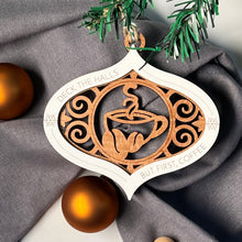 Load image into Gallery viewer, Coffee lovers wooden handcrafted holiday ornament, deck the halls
