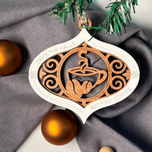 Load image into Gallery viewer, Coffee lovers wooden handcrafted holiday ornament, deck the halls
