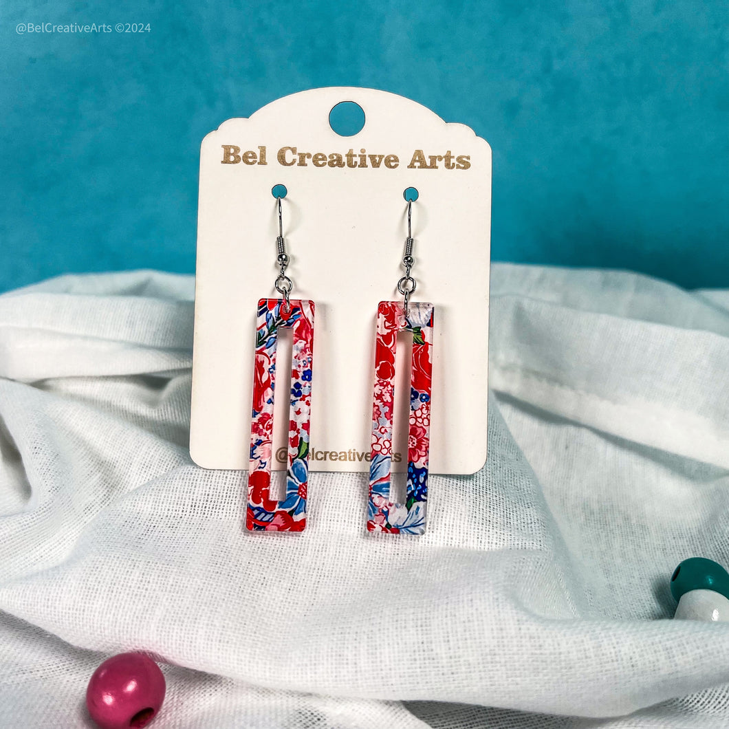 Red white & blue geometric Boho earrings, lightweight acrylic