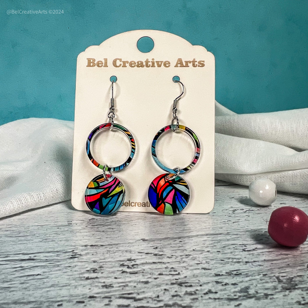 Geometric circle earrings, retro vibrant color, acrylic, handmade