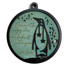 Load image into Gallery viewer, Penguin Christmas wooden ornament, with quote, made in America
