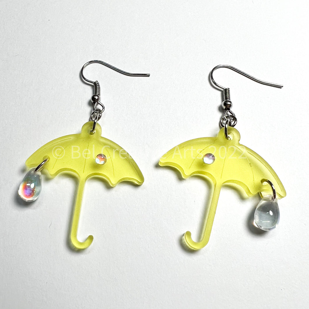 Yellow umbrella rainy day dangle earrings, handmade in America