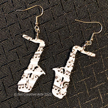 Load image into Gallery viewer, Saxophone Earrings, music note patterned earrings, made in USA
