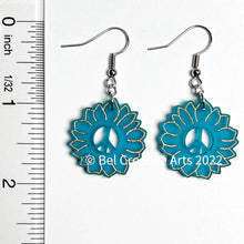 Load image into Gallery viewer, Teal blue sunflower dangle drop earrings, original design
