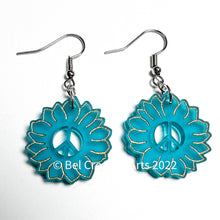 Load image into Gallery viewer, Teal blue sunflower dangle drop earrings, original design
