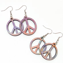 Load image into Gallery viewer, Peace sign earrings, tie-dyed, dangle style, made in USA
