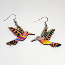 Load image into Gallery viewer, Hummingbird earrings, stripe pattern, hand made in USA
