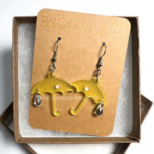 Load image into Gallery viewer, Yellow umbrella rainy day dangle earrings, handmade in America
