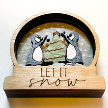 Load image into Gallery viewer, Penguins in Snow, wood snow globe style ornament, made in USA
