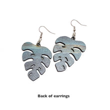 Load image into Gallery viewer, Monstera leaf earrings, tie dye dangle style, made in USA
