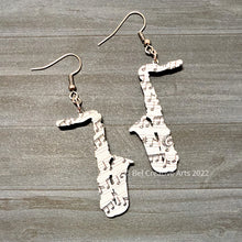 Load image into Gallery viewer, Saxophone Earrings, music note patterned earrings, made in USA
