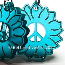 Load image into Gallery viewer, Teal blue sunflower dangle drop earrings, original design
