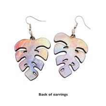 Load image into Gallery viewer, Monstera leaf earrings, tie dye dangle style, made in USA
