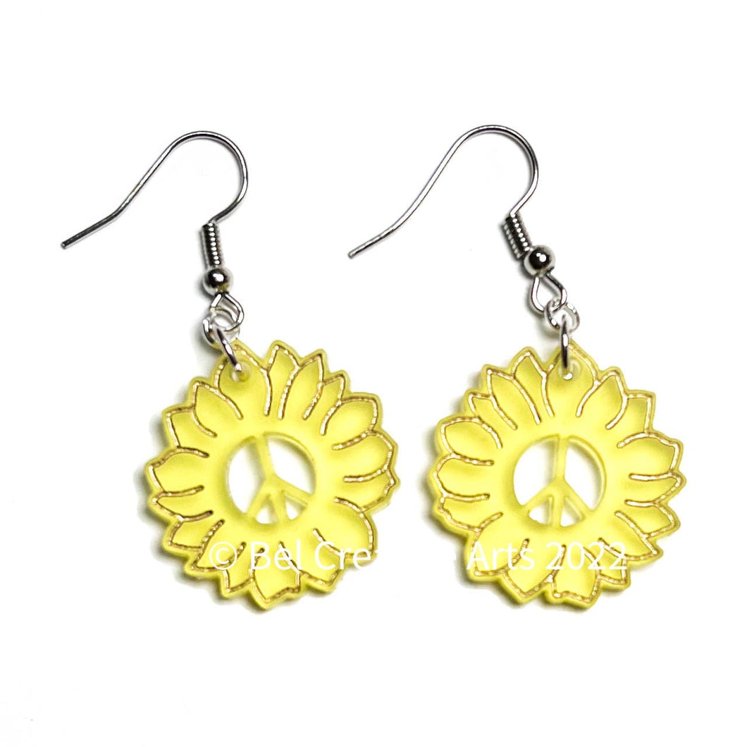 Yellow peace and sunflowers dangle drop earrings, original design