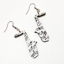 Load image into Gallery viewer, Saxophone Earrings, music note patterned earrings, made in USA
