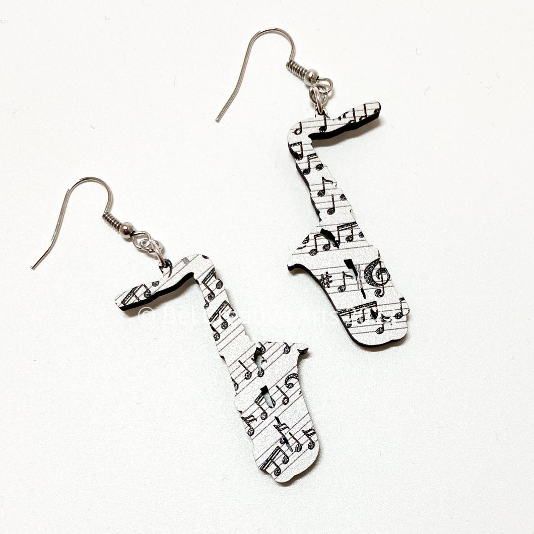 Saxophone Earrings, music note patterned earrings, made in USA