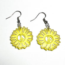 Load image into Gallery viewer, Yellow peace and sunflowers dangle drop earrings, original design
