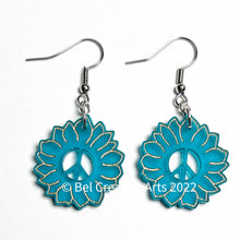 Load image into Gallery viewer, Teal blue sunflower dangle drop earrings, original design
