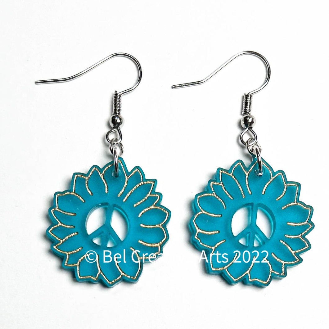 Teal blue sunflower dangle drop earrings, original design