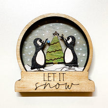 Load image into Gallery viewer, Penguins in Snow, wood snow globe style ornament, made in USA
