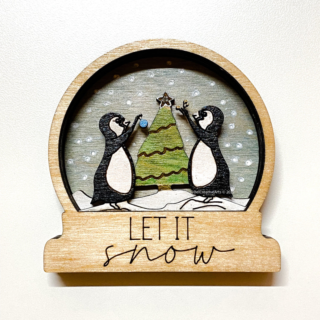 Penguins in Snow, wood snow globe style ornament, made in USA