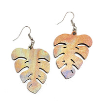 Load image into Gallery viewer, Monstera leaf earrings, tie dye dangle style, made in USA
