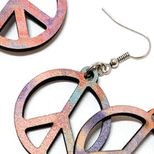 Load image into Gallery viewer, Peace sign earrings, tie-dyed, dangle style, made in USA
