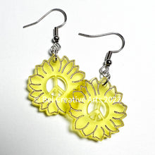 Load image into Gallery viewer, Yellow peace and sunflowers dangle drop earrings, original design
